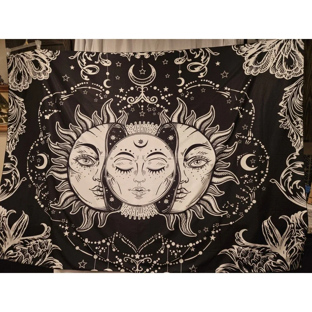 Celestial Sun Moon Black White Tapestry 57x78in Bohemian Decor Wall Art Mystical